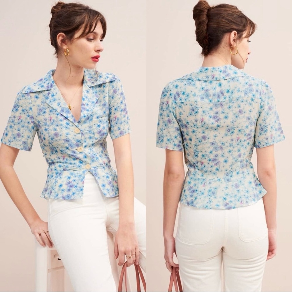 Rouje Jose Blouse in Blue Aquarelle Ciel Floral Print Silk
